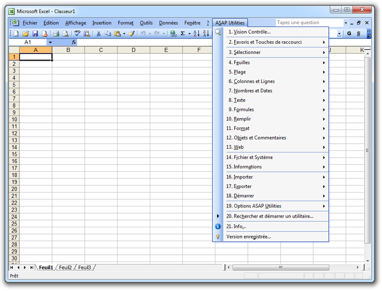 Excel 2003 avec ASAP Utilities dans son menu